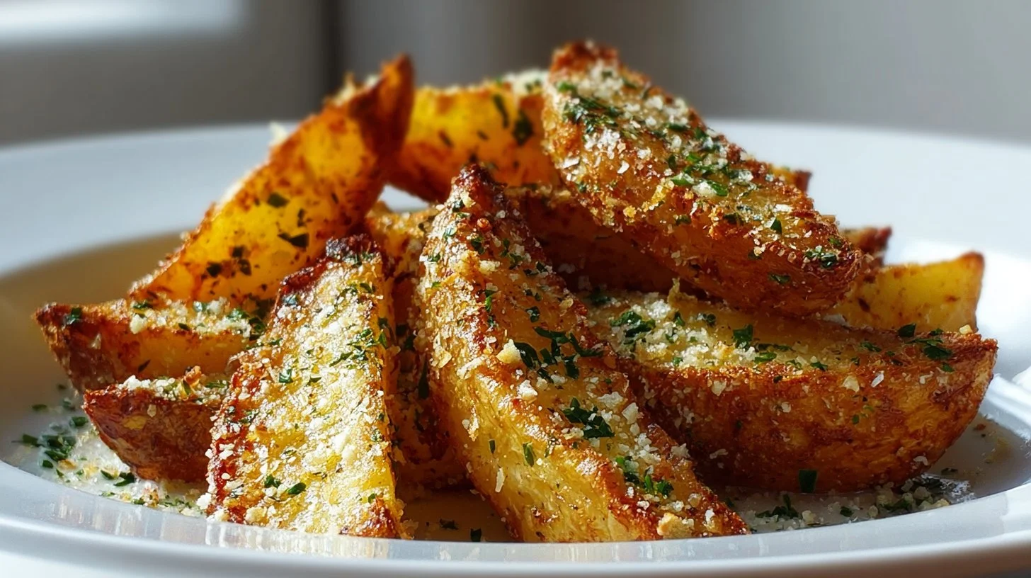 Baked garlic parmesan potato wedges served in a bowl