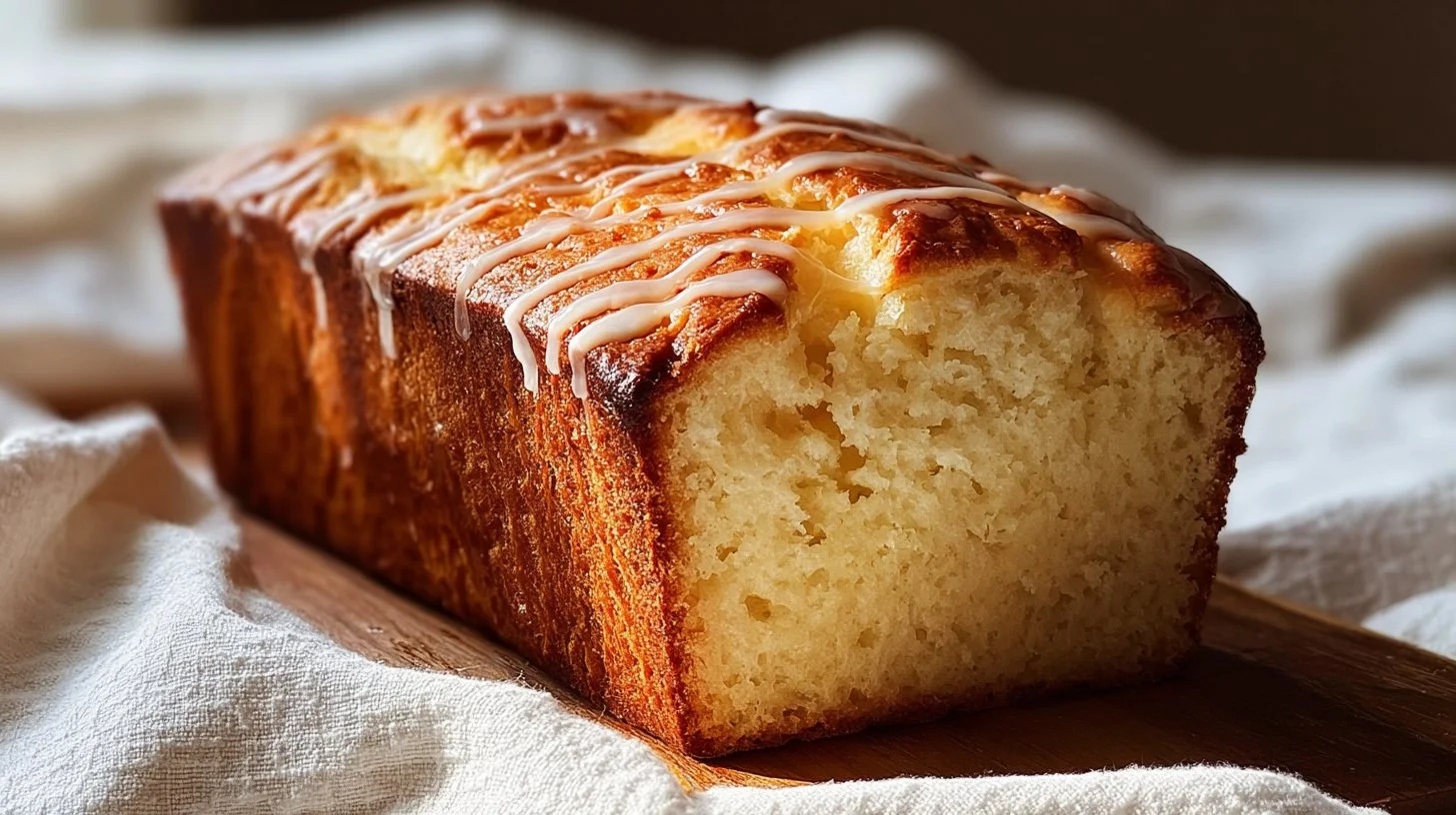 Sliced Christmas Eggnog Bread garnished with holiday decorations.