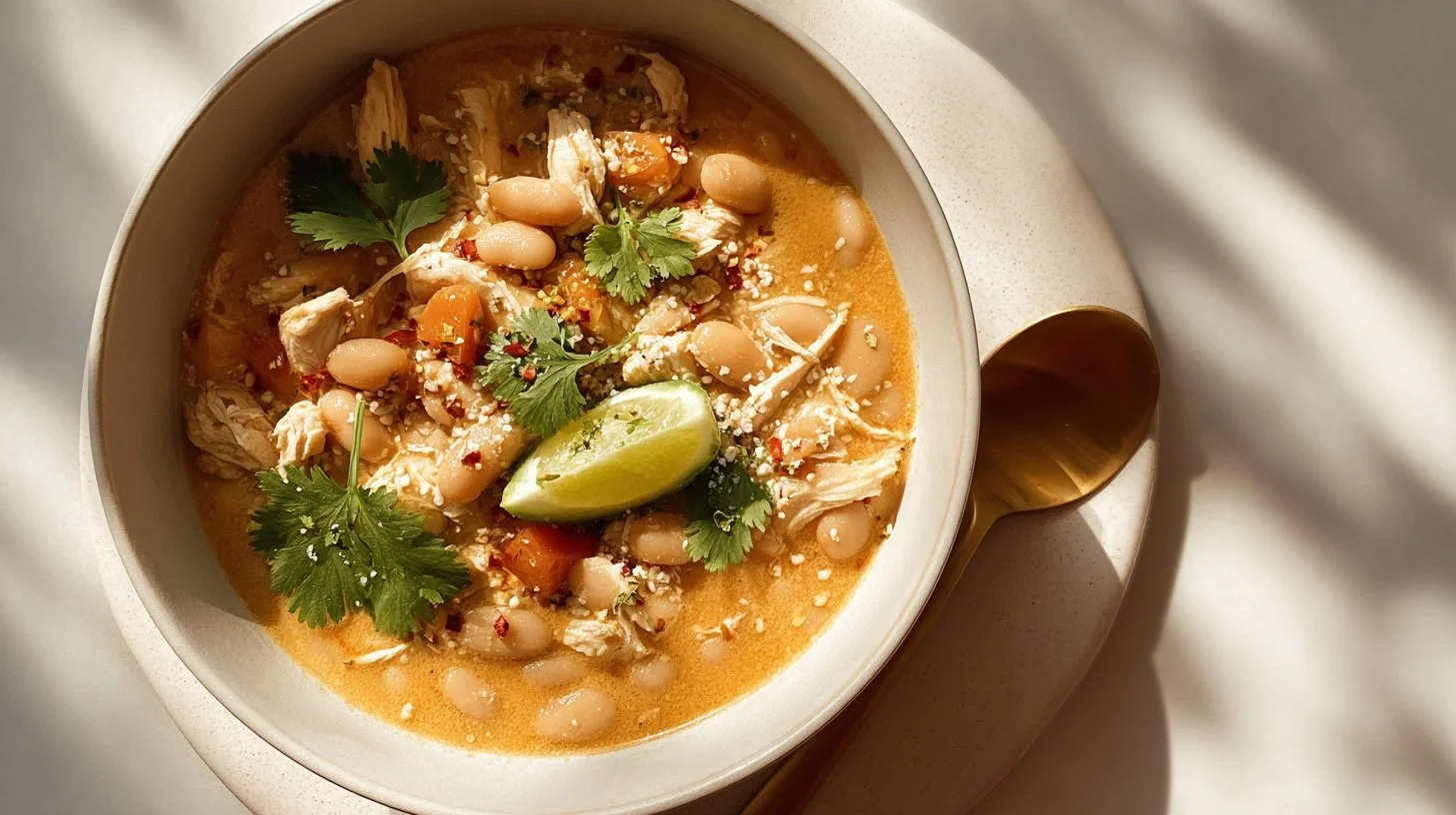 Bowl of creamy white bean chicken chili topped with green onions and cornbread