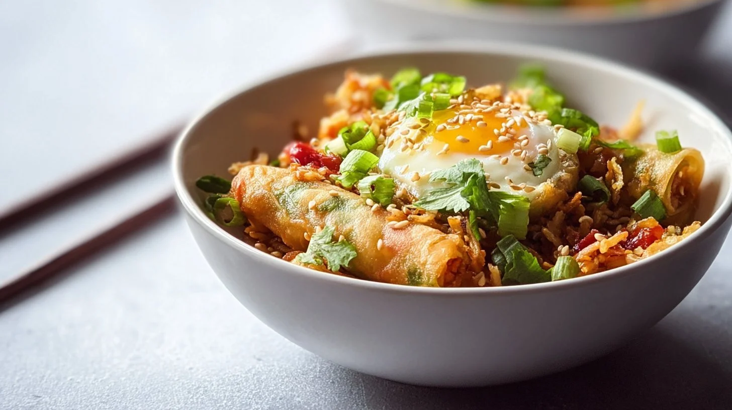 Colorful egg roll in a bowl with vegetables and savory meat mix