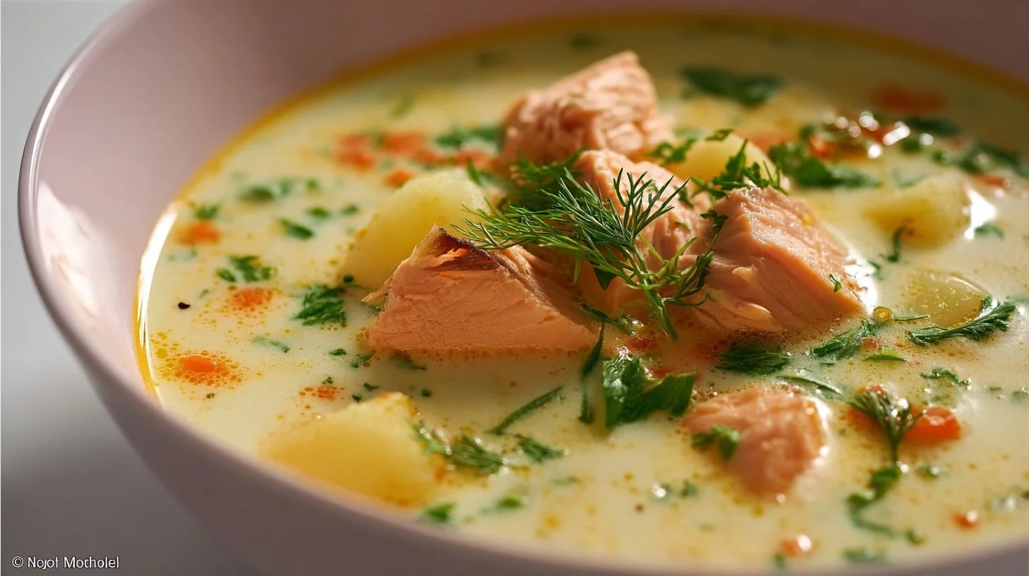 Bowl of Finnish Salmon Soup Lohikeitto with potatoes and dill