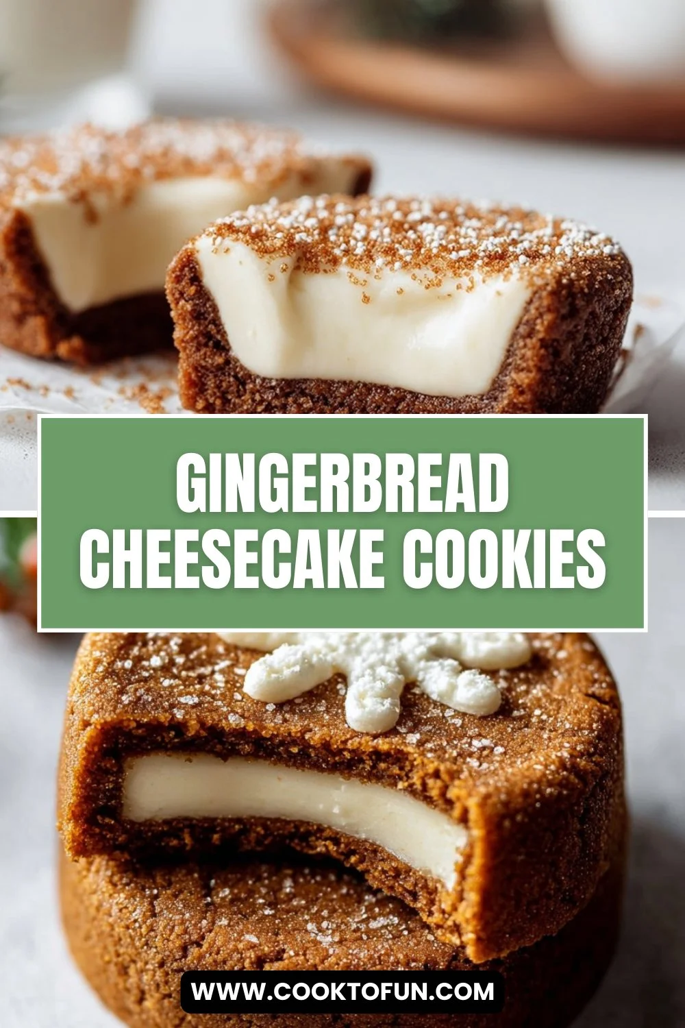 Delicious gingerbread cheesecake cookies on a platter with festive decorations.