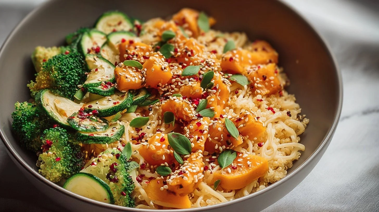 Delicious and colorful healthy quinoa vegetable bowl with fresh ingredients