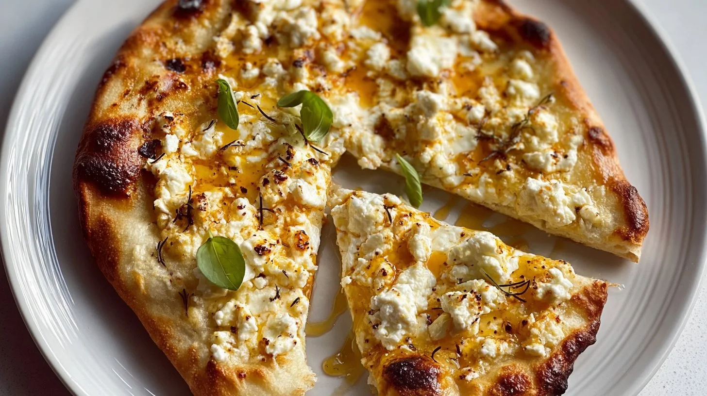 Delicious hot honey ricotta pizza garnished with fresh herbs and drizzled honey.