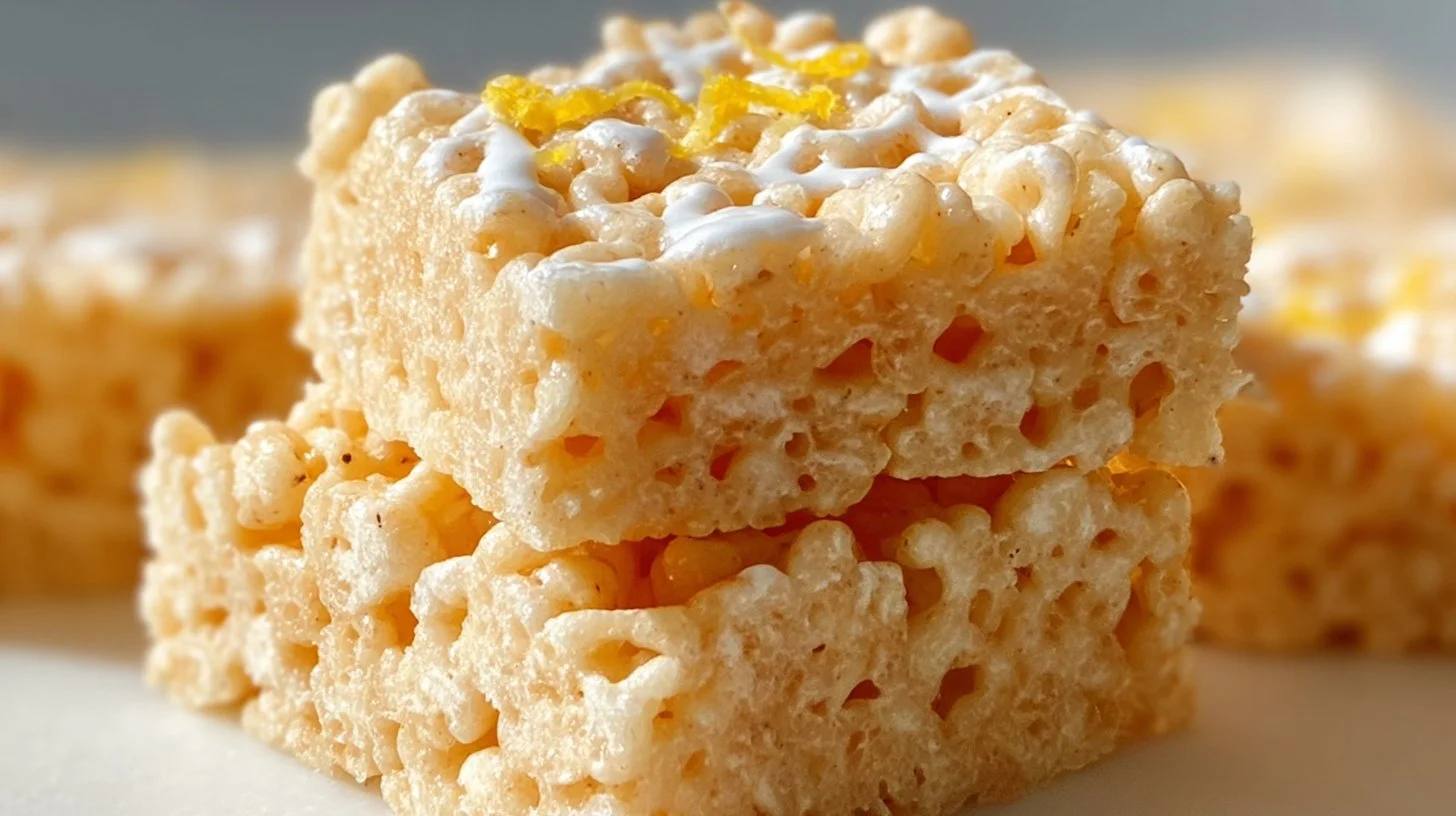 Delicious Lemon Rice Krispy Treats on a plate with zesty lemon slices