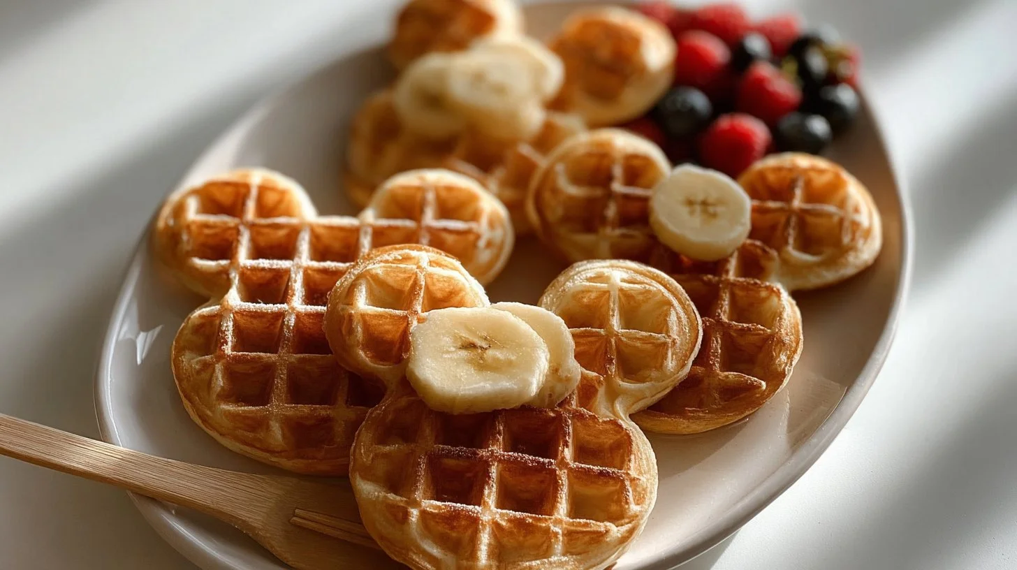 Delicious Mickey Mouse Waffles on a plate, perfect for breakfast.