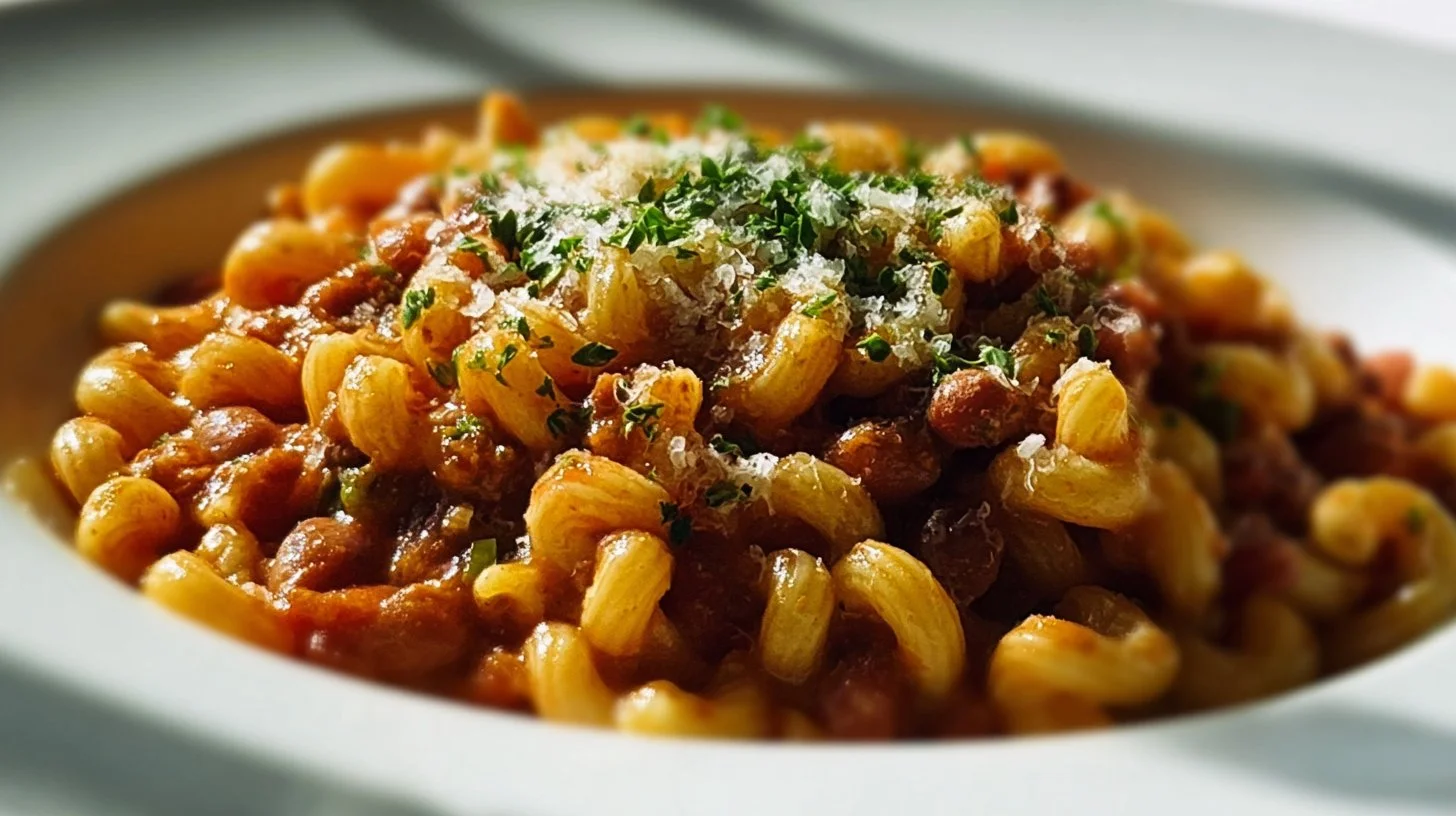 A bowl of Olive Garden's Pasta and Beans with fresh ingredients and herbs.