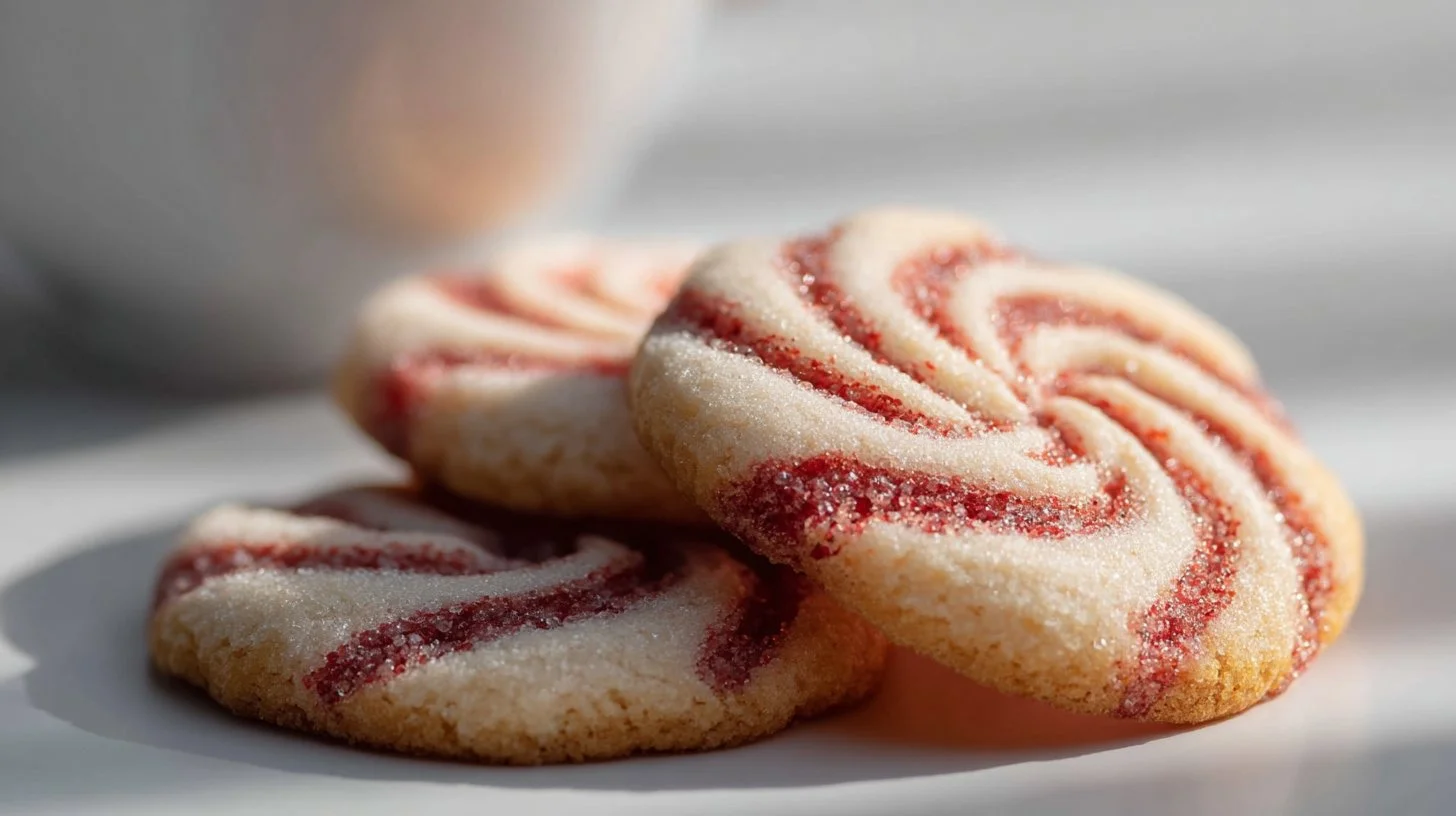 Plate of festive peppermint swirl cookies with a red and white swirl design.