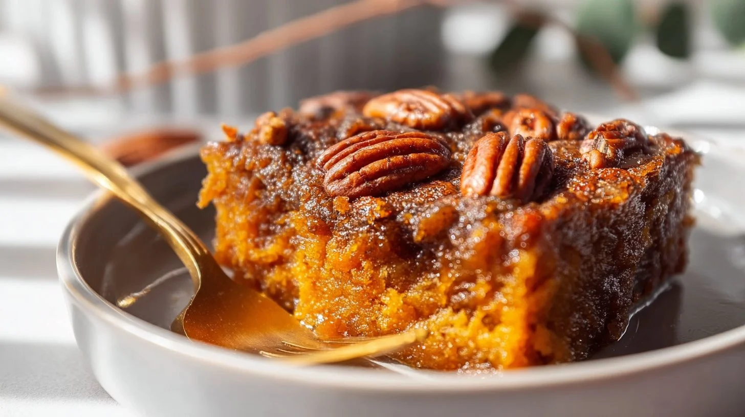 Delicious Pumpkin Pecan Cobbler served in a dish, topped with pecans