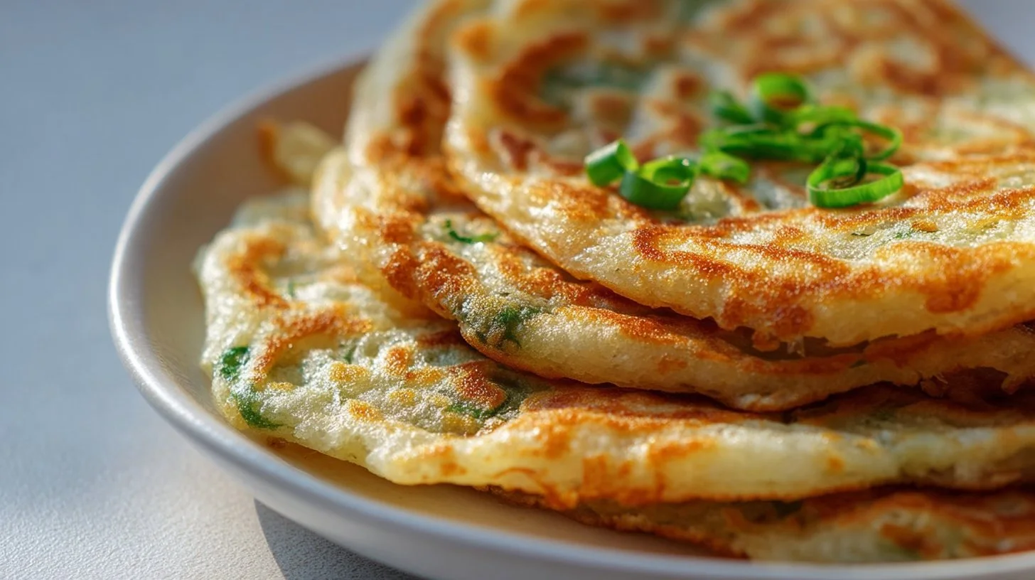 Delicious rice paper scallion pancakes served with dipping sauce