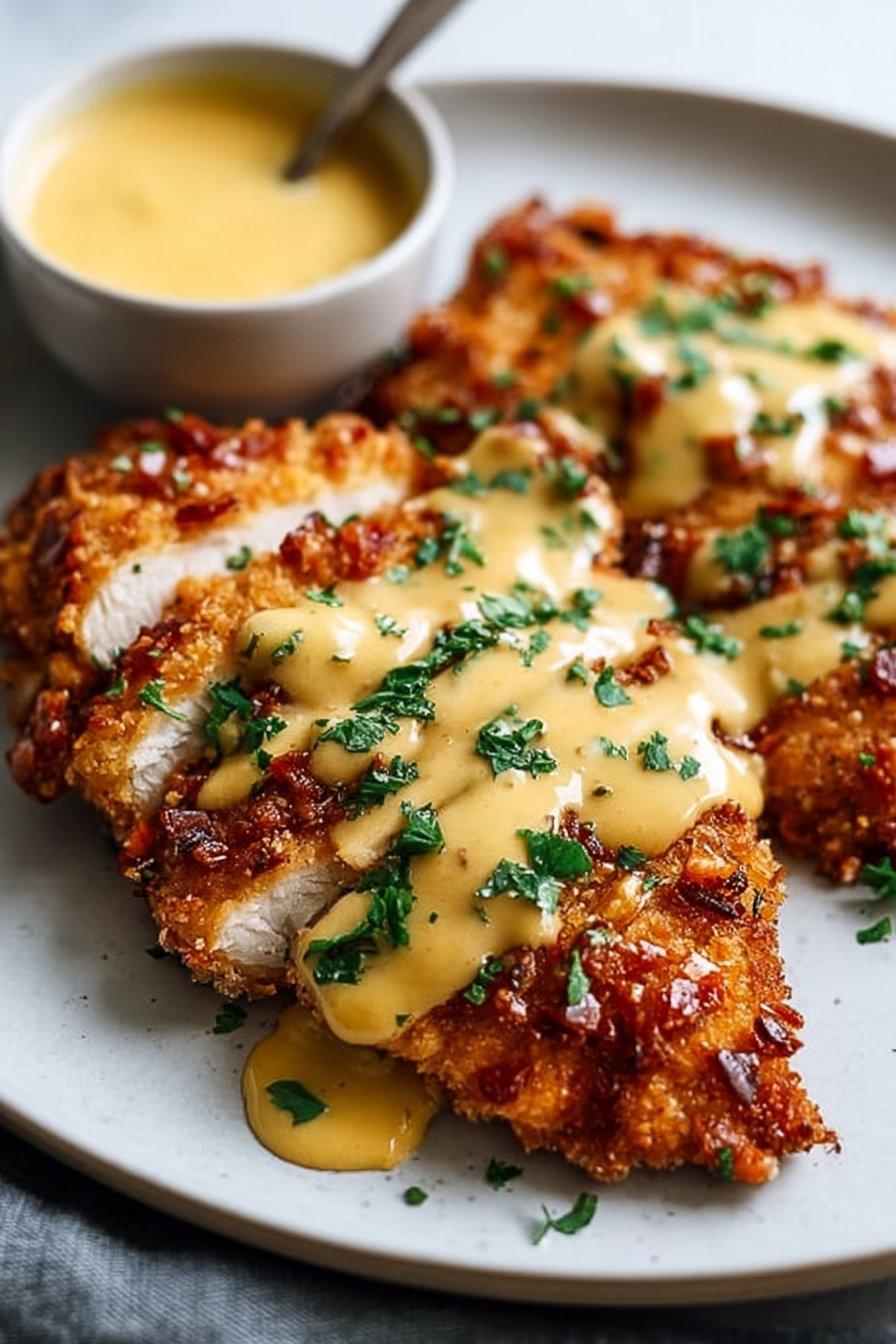 Crispy Pretzel Crusted Chicken with Cheddar Mustard Sauce Recipe
