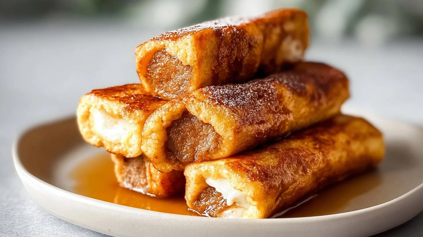 Sausage French Toast Roll-Ups served on a plate with syrup