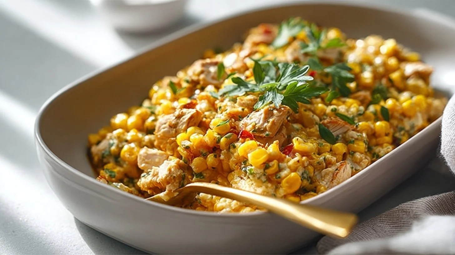 Savory street corn and chicken casserole baked to perfection.