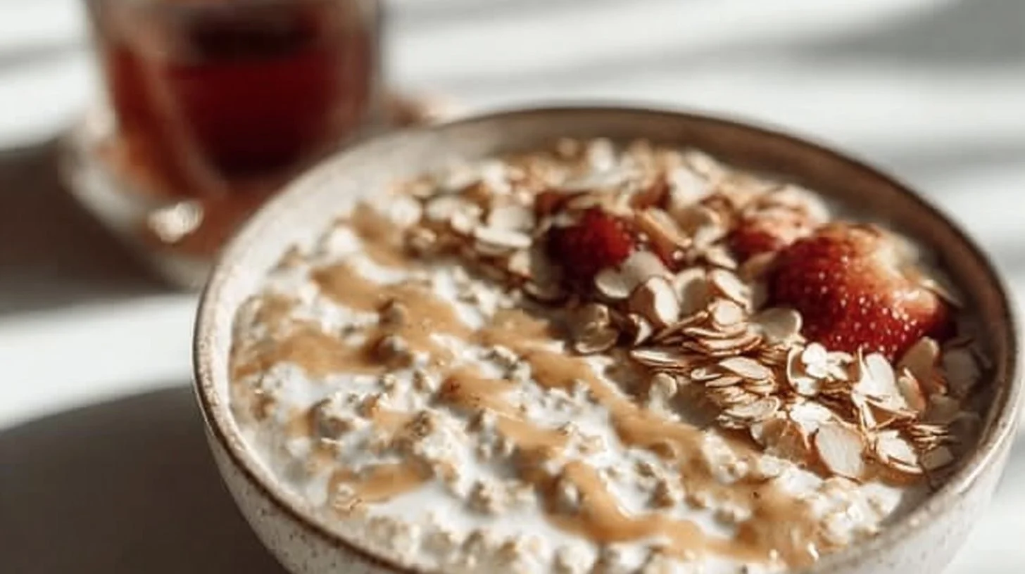 Bowl of Almond Croissant Overnight Oats topped with sliced almonds and coconut flakes
