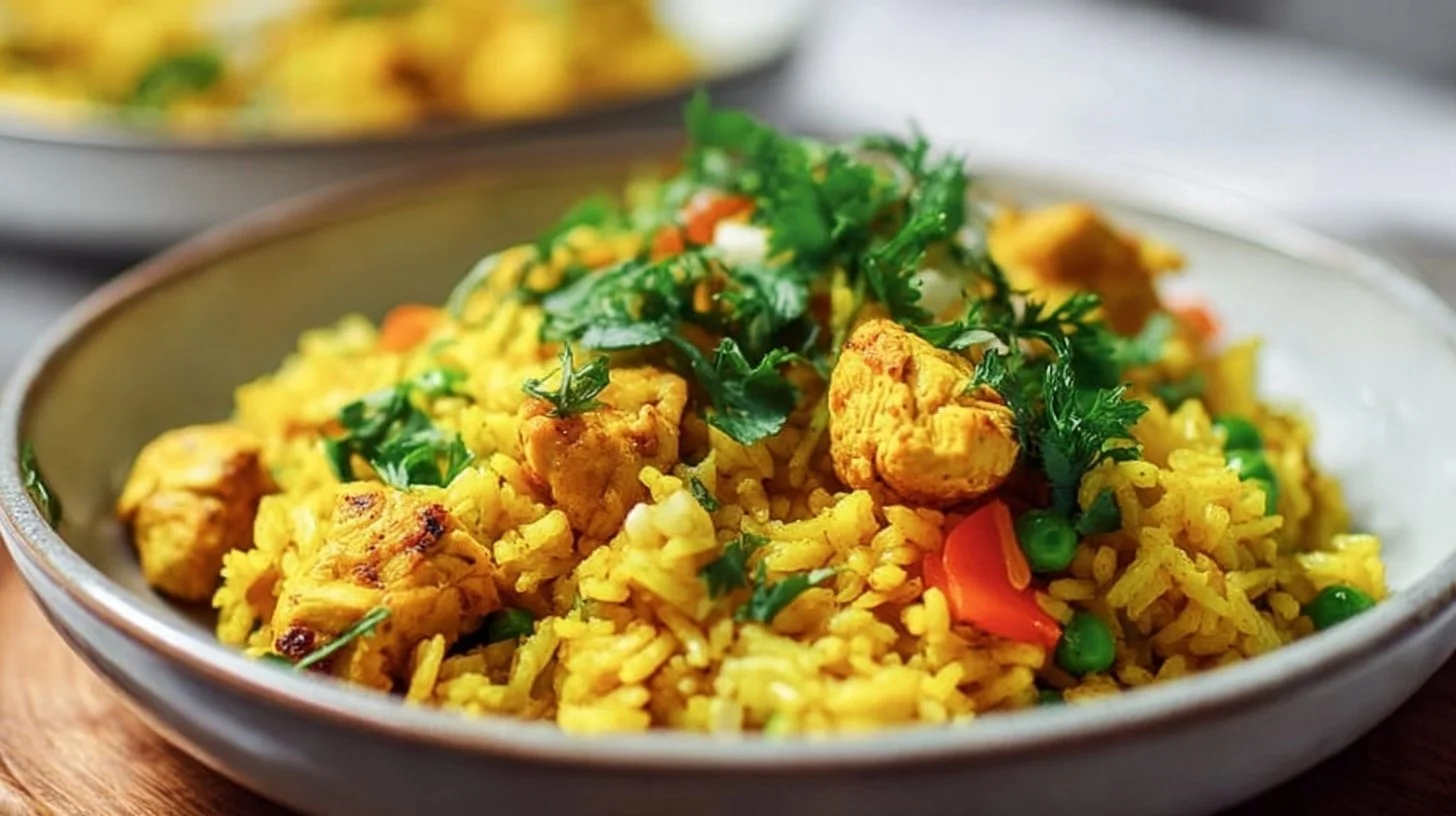Delicious turmeric chicken served with rice, highlighting its vibrant color and health benefits.