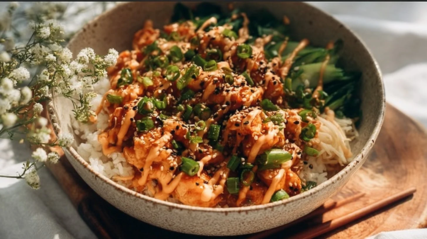 Delicious Bang Bang Chicken Bowl served with fresh vegetables and sauce.
