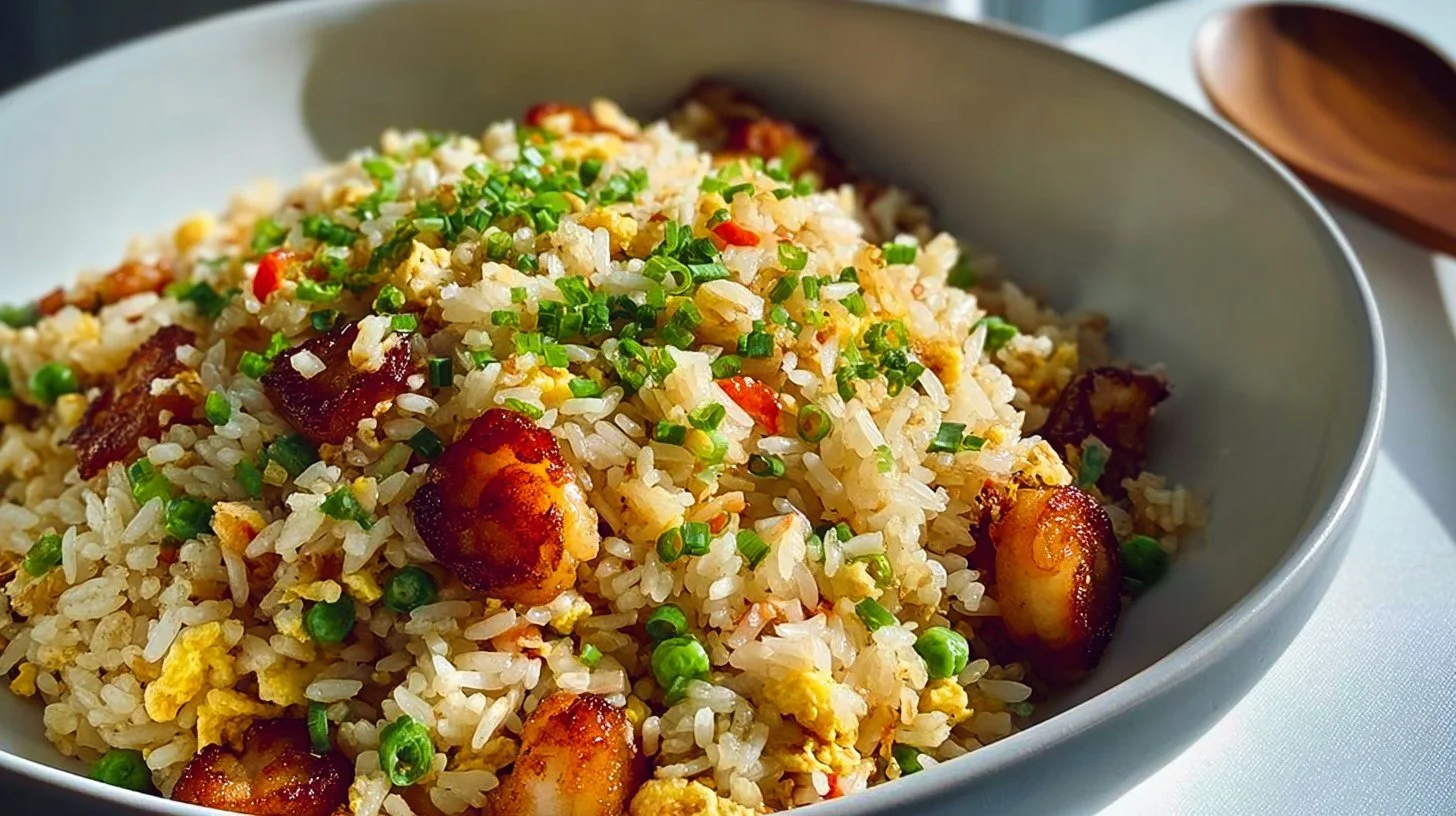 Plate of Bang Bang Fried Rice garnished with vegetables and spices