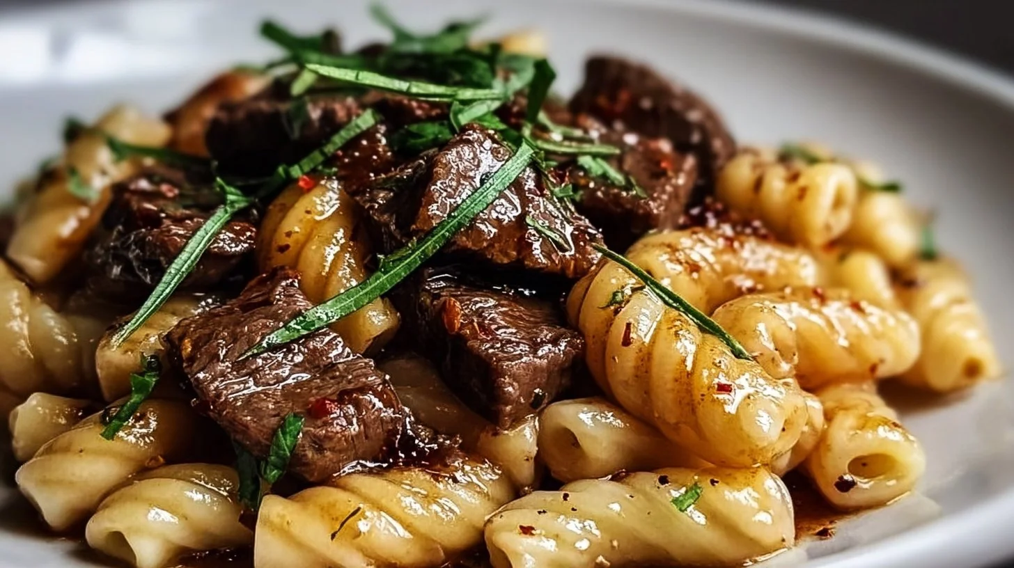 Delicious Beef and Balsamic Vinegar Pasta served in a bowl