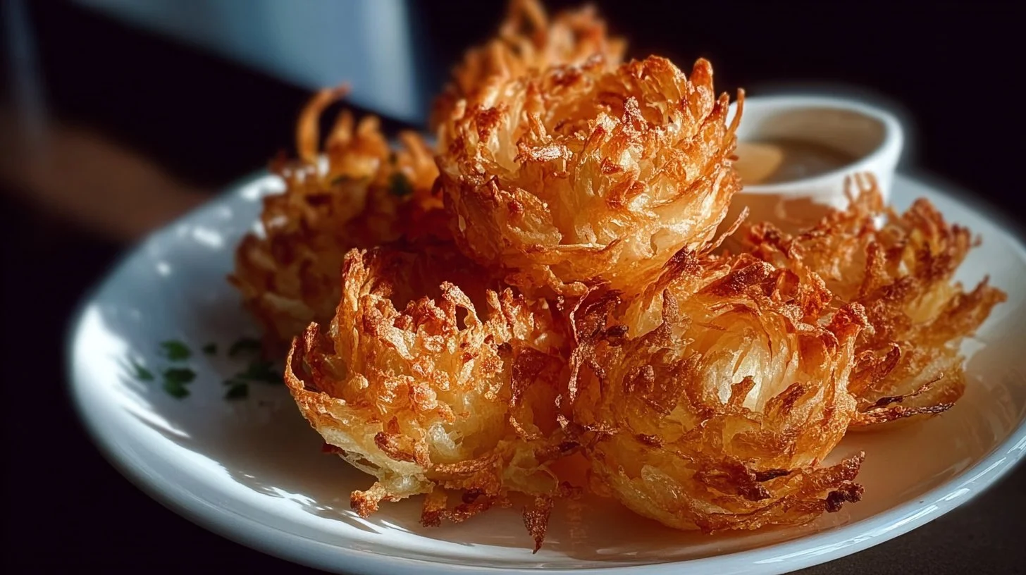 Plate of crispy bite-sized blooming onions served with dipping sauce