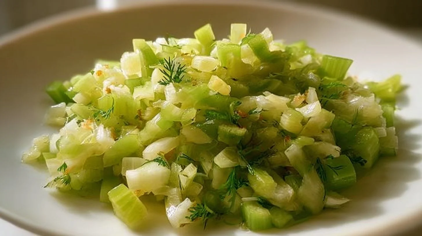 A vibrant celery salad with fresh vegetables and dressing served in a bowl.