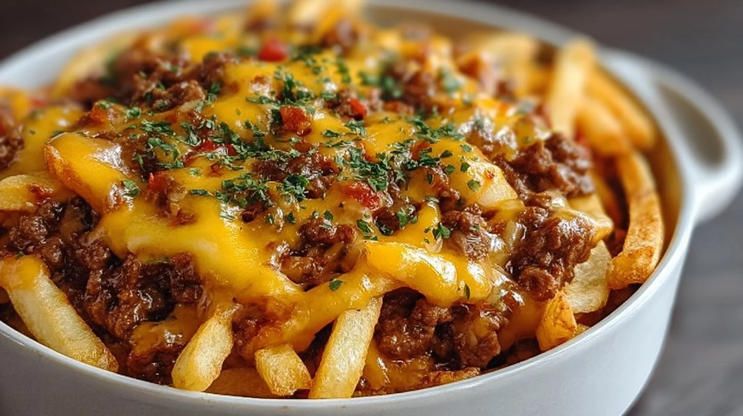 Delicious cheeseburger casserole topped with crispy French fries.