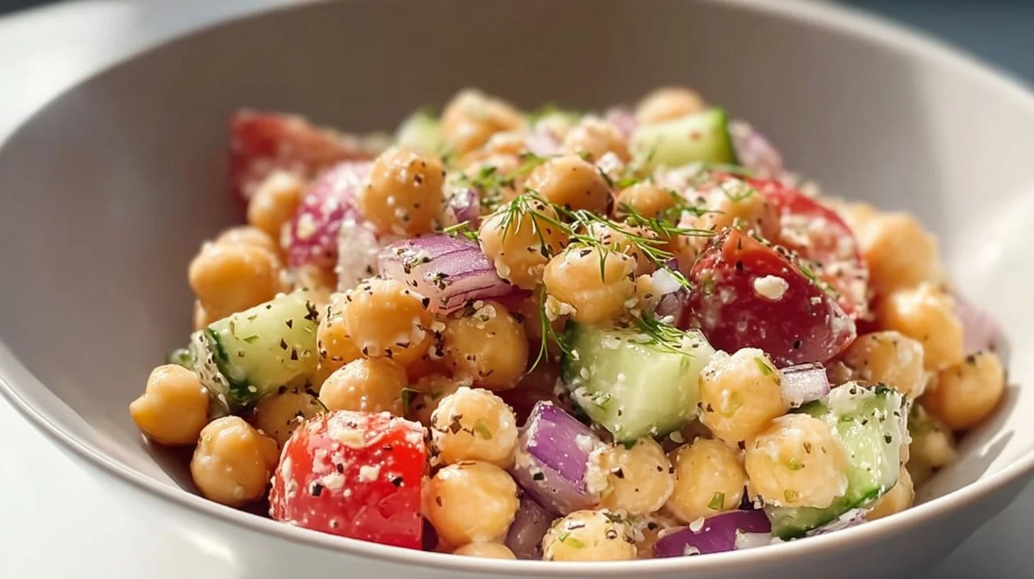 Bowl of fresh chickpea salad with vegetables and dressing