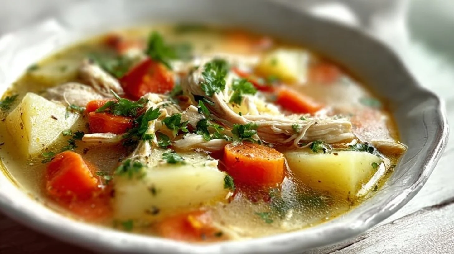 Bowl of comforting chicken soup with potatoes and fresh herbs on a wooden table