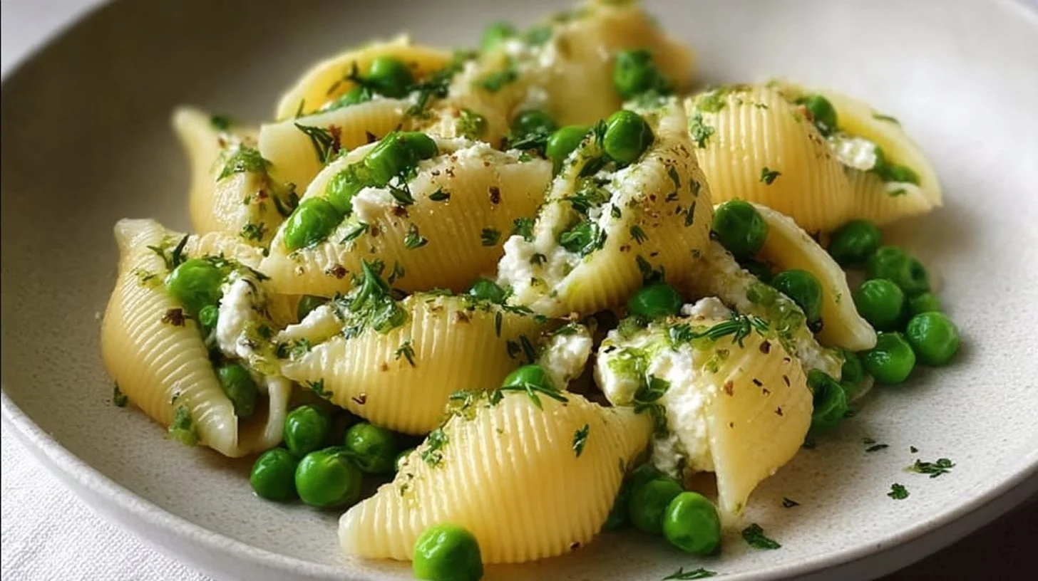 Plate of Conchiglioni pasta filled with ricotta cheese and green peas