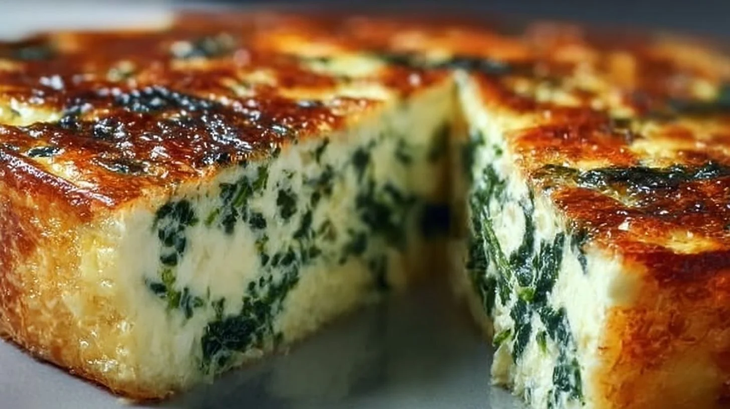 Cottage cheese and spinach crustless quiche in a pie dish