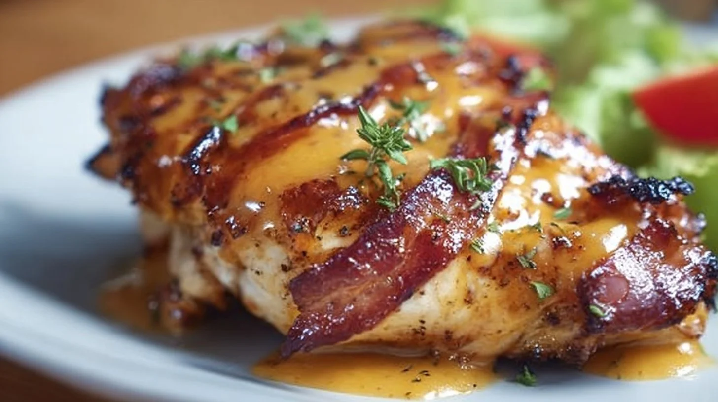 Delicious BBQ bacon cheddar chicken served on a plate with fresh herbs