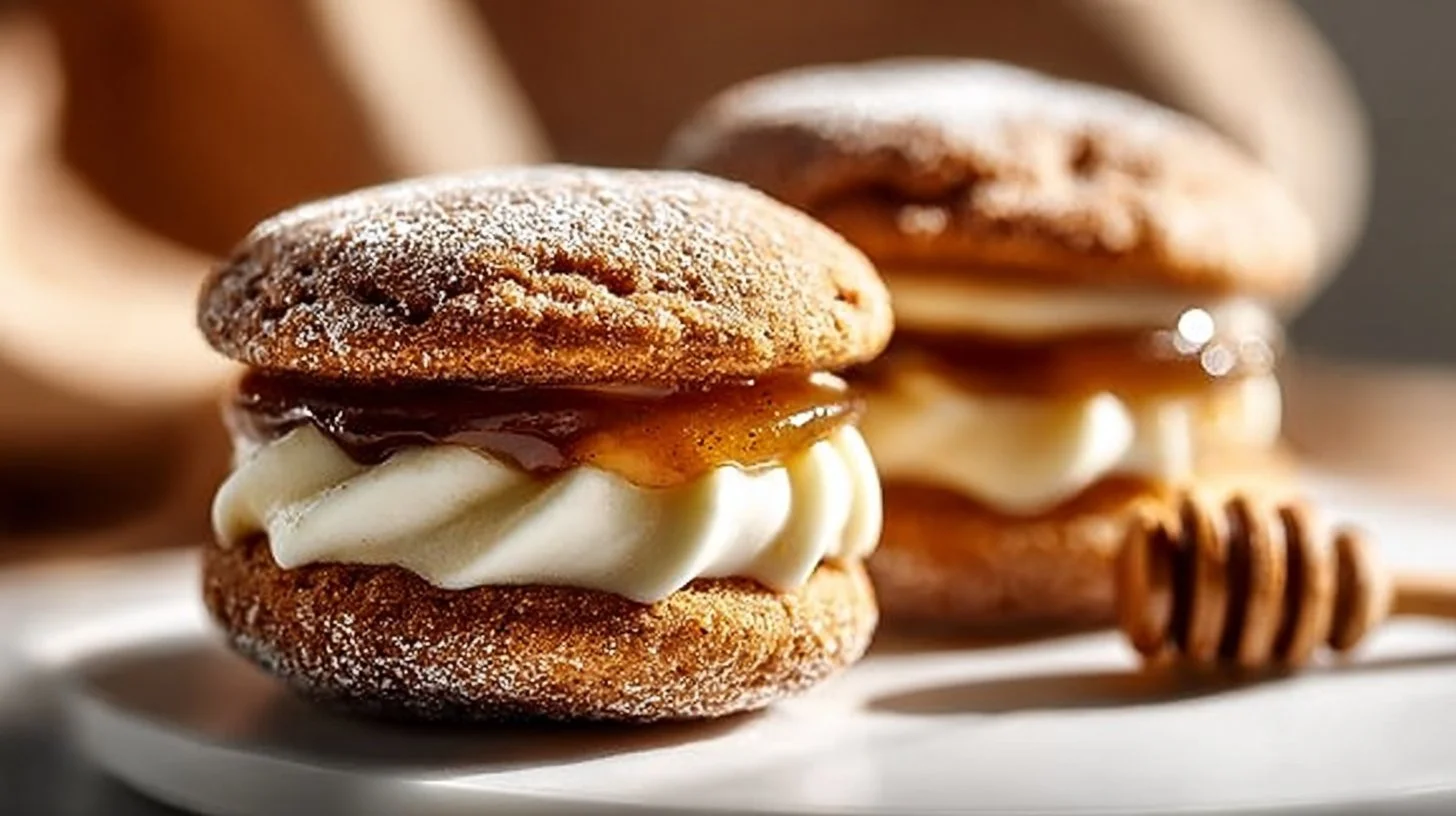 Cozy apple cider whoopie pie cookies with gooey caramel filling on a plate.