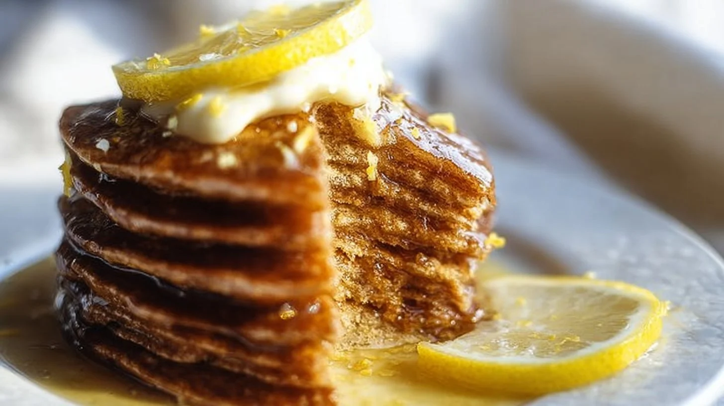 Cozy ginger pancakes served with warm lemon syrup on a plate.