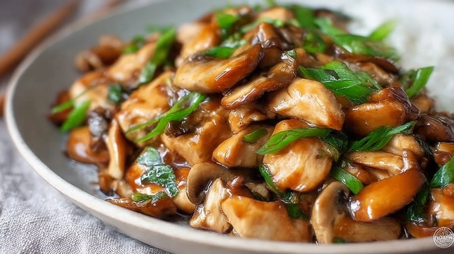 Cozy takeout-style chicken mushroom stir-fry in a bowl with vibrant vegetables