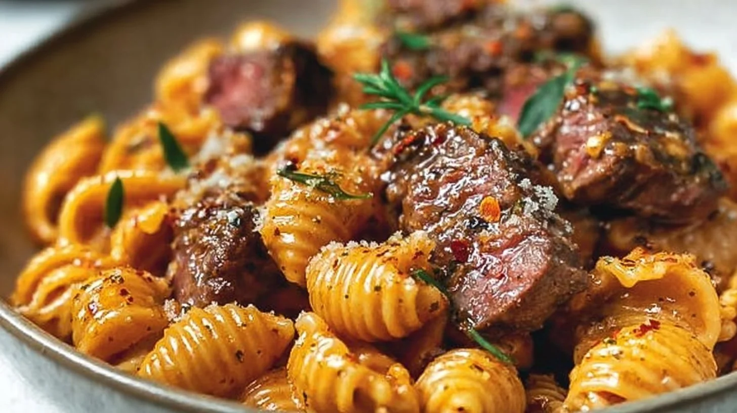 Creamy paprika steak shells served on a plate, garnished with herbs.