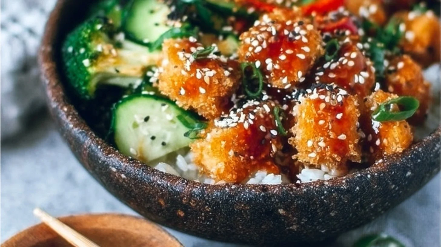 Crispy Bang Bang Salmon Bites served in a colorful bowl
