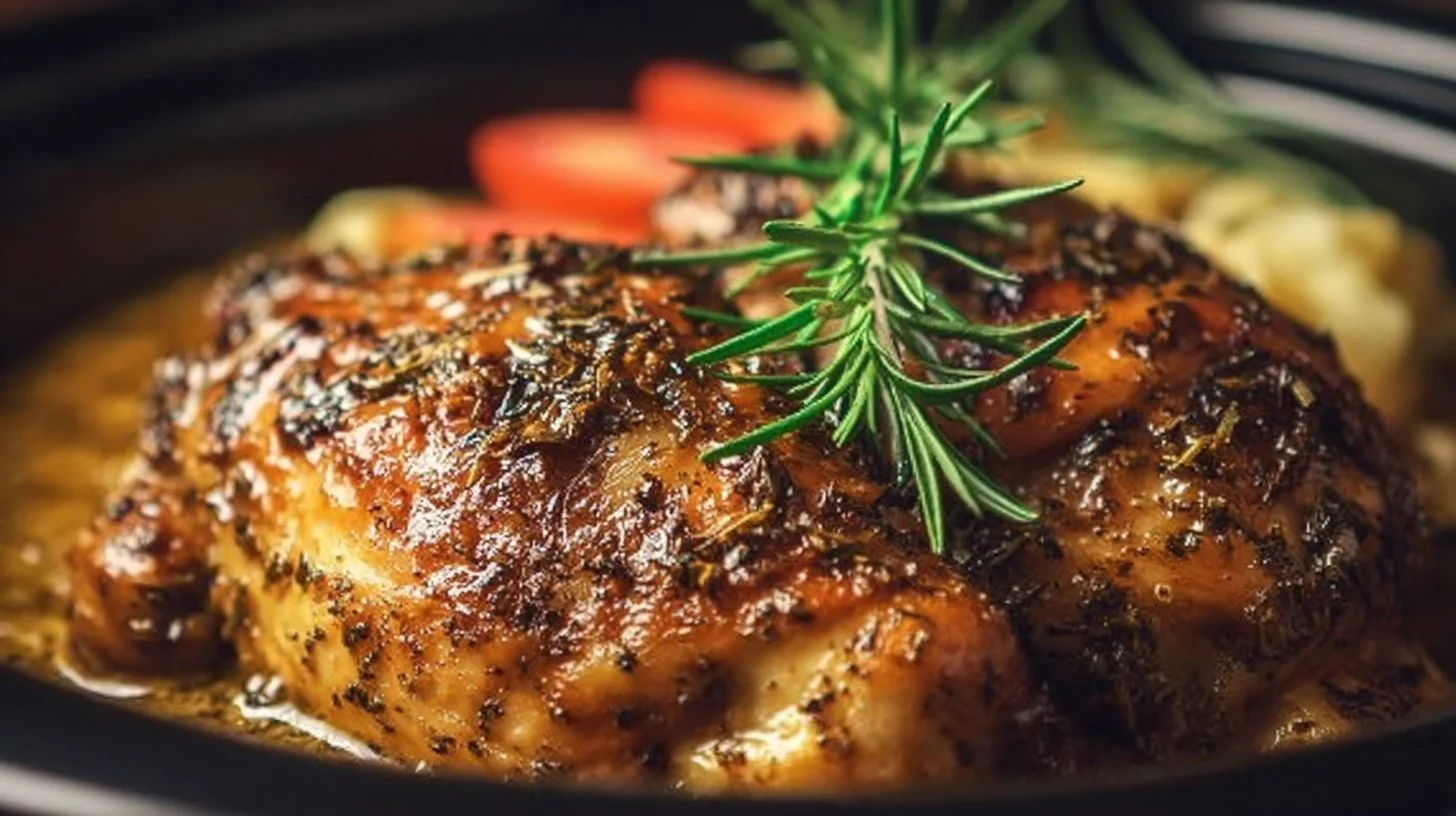 Crockpot Mississippi Chicken served with sides on a rustic wooden table