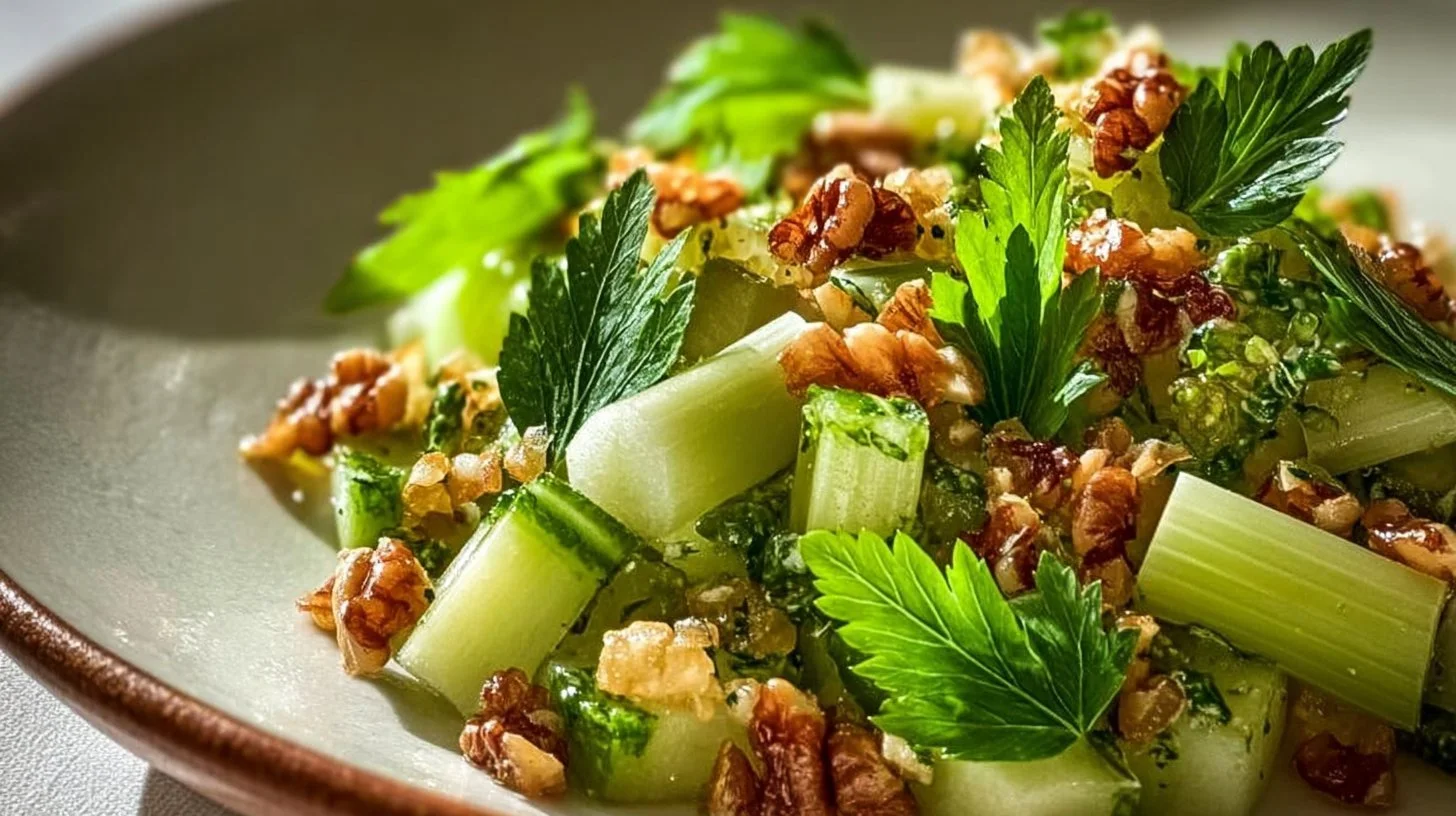 Crunchy celery salad with fresh vegetables and dressing