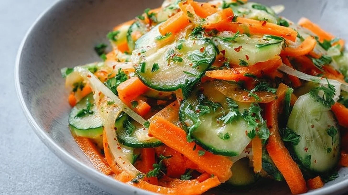 Crunchy cucumber, carrot, and celery salad in a bowl