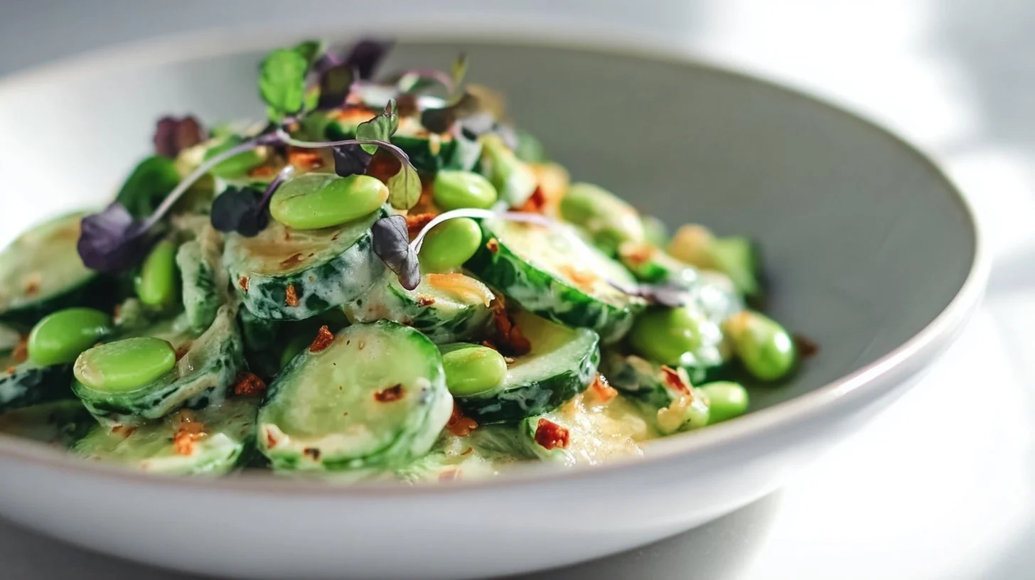Cucumber Edamame Salad topped with creamy miso dressing