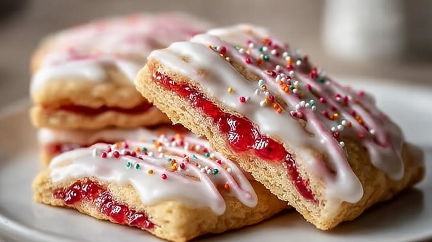 Delicious strawberry pop tart cookies with icing and sprinkles on a plate