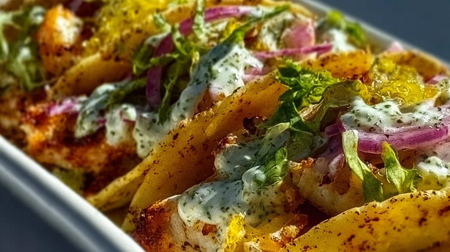 Delicious Dill Pickle Ranch Smash Chicken Tacos topped with crispy cheese.
