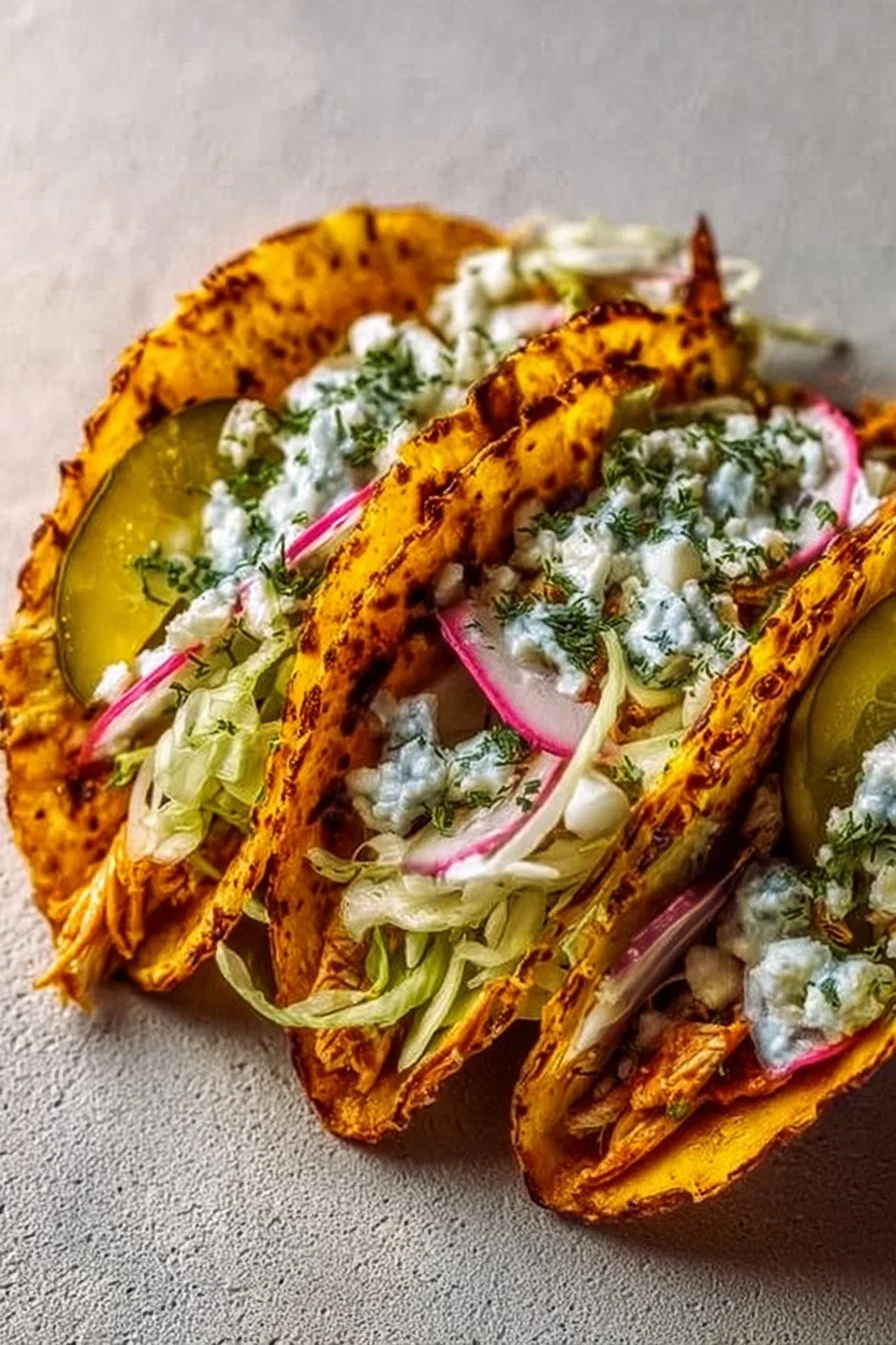 Dill Pickle Ranch Smash Chicken Tacos with Crispy Cheese Delight