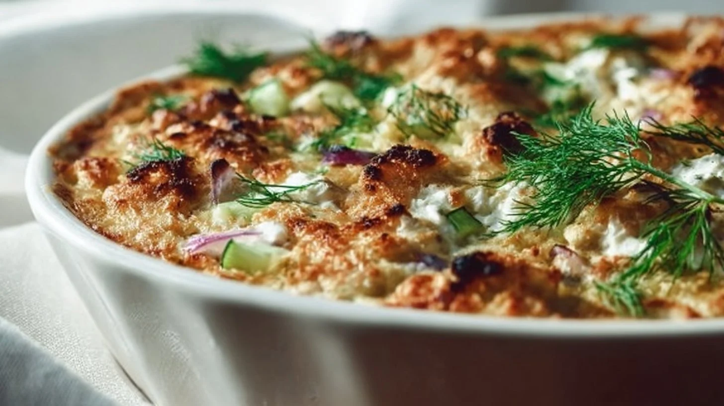 Delicious Dump-and-Bake Chicken Tzatziki Casserole served in a dish
