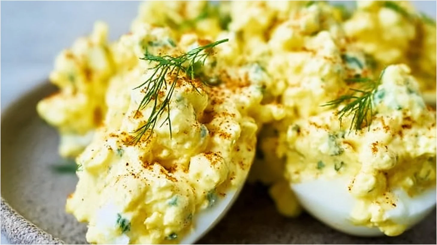 Delicious and easy egg salad served in a bowl with herbs and spices.