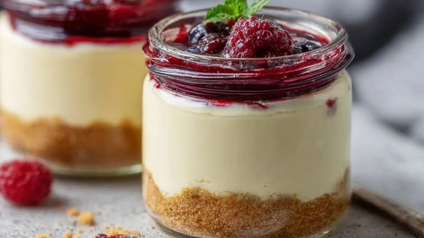 Easy high protein cheesecake jars topped with fresh berries and nuts