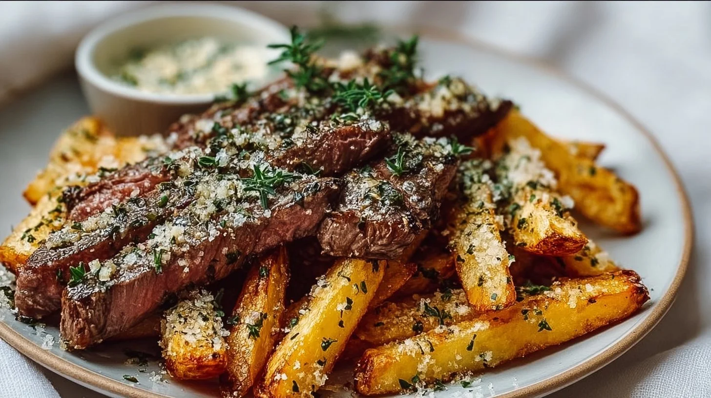 Crispy Garlic Parmesan Steak Fries garnished with herbs