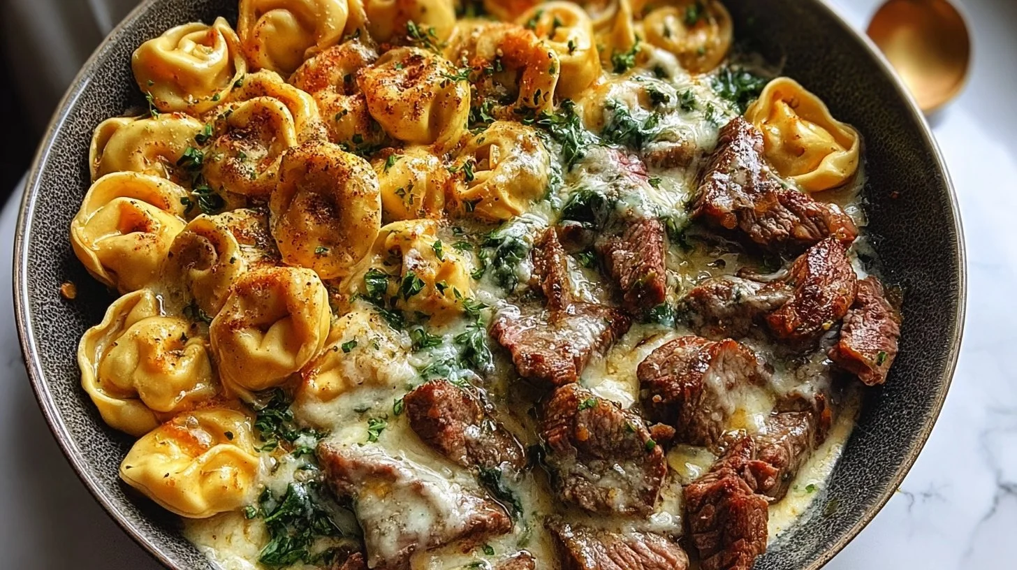 Delicious Garlic Steak and Cheese-Filled Tortellini Skillet dish