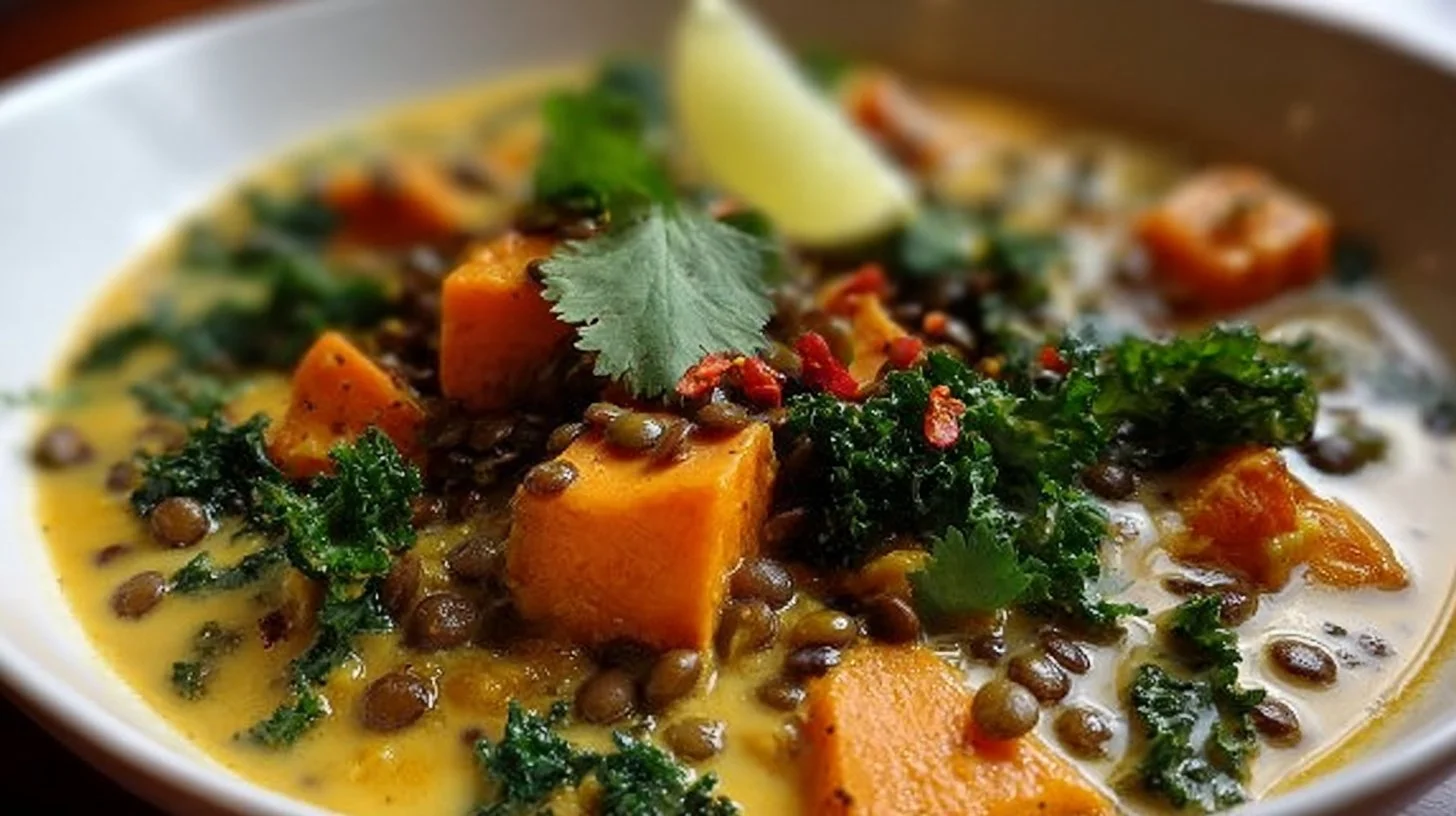 Bowl of ginger sweet potato and coconut milk stew with lentils and kale
