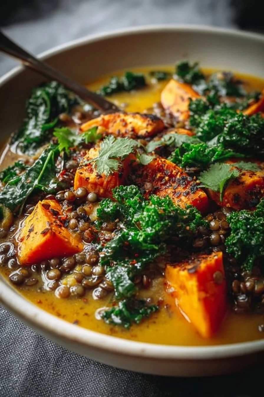Ginger Sweet Potato and Coconut Milk Stew with Lentils & Kale