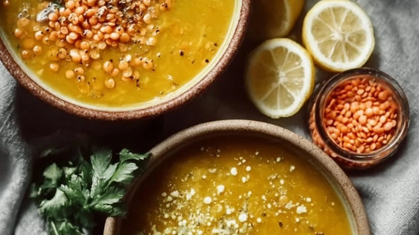Bowl of Golden Lemon Lentil Soup garnished with herbs and lemon slices